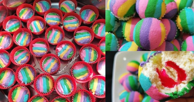 Apam Pelangi Comel Berinti. Buat Kecil-Kecil, Kukus 10 Minit Siap!