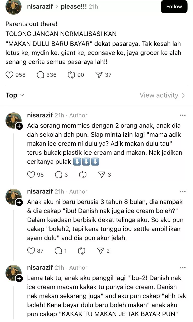 “Jangan Normalisasikan” – Wanita Tegur Ibu Beri Anak Makanan Belum Dibayar