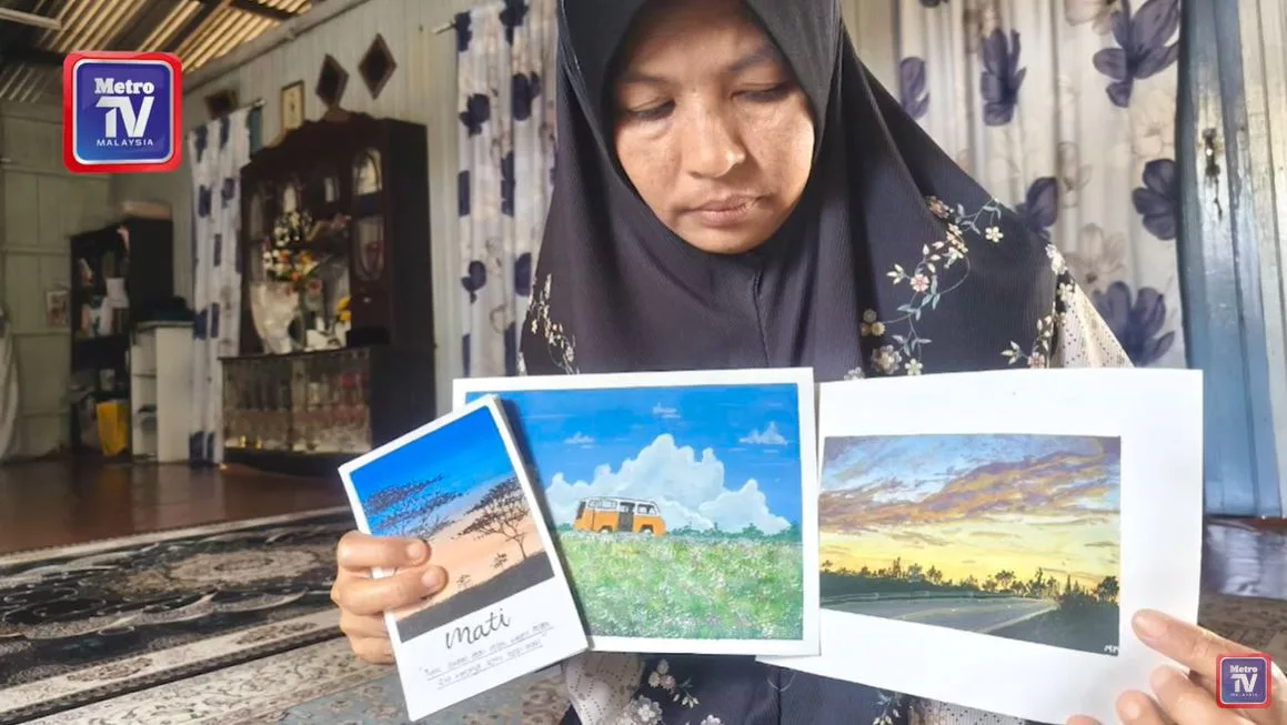 Lukisan Mustaqim Umpama Petanda. Ada Gambar Bas, Penghadang Jalan & Perkataan Mati