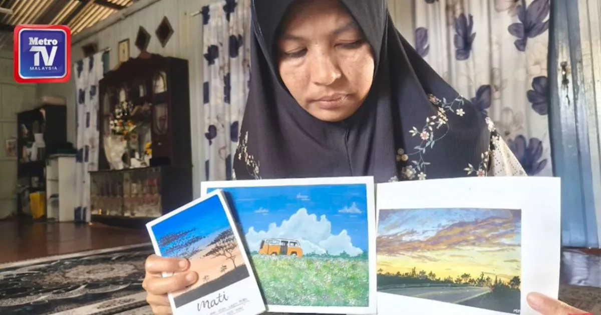 Lukisan Mustaqim Umpama Petanda. Ada Gambar Bas, Penghadang Jalan & Perkataan Mati