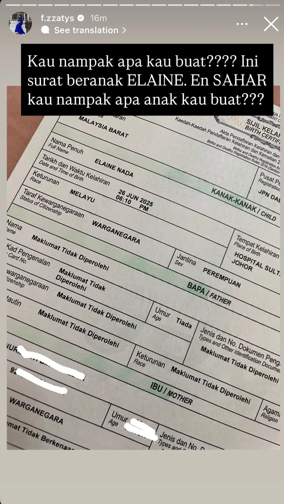 “Kau Nampak Apa Kau Buat Ni….?” Fara Salleh ‘Meletup’ Surat Beranak Elaine Tiada Maklumat Bapa