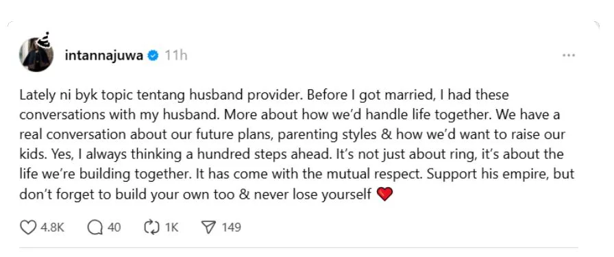“It’s Not Just About Ring.” Intan Najuwa Ulas Isu ‘Husband Provider’, Akui Bincang Semua Hal Sebelum Kahwin