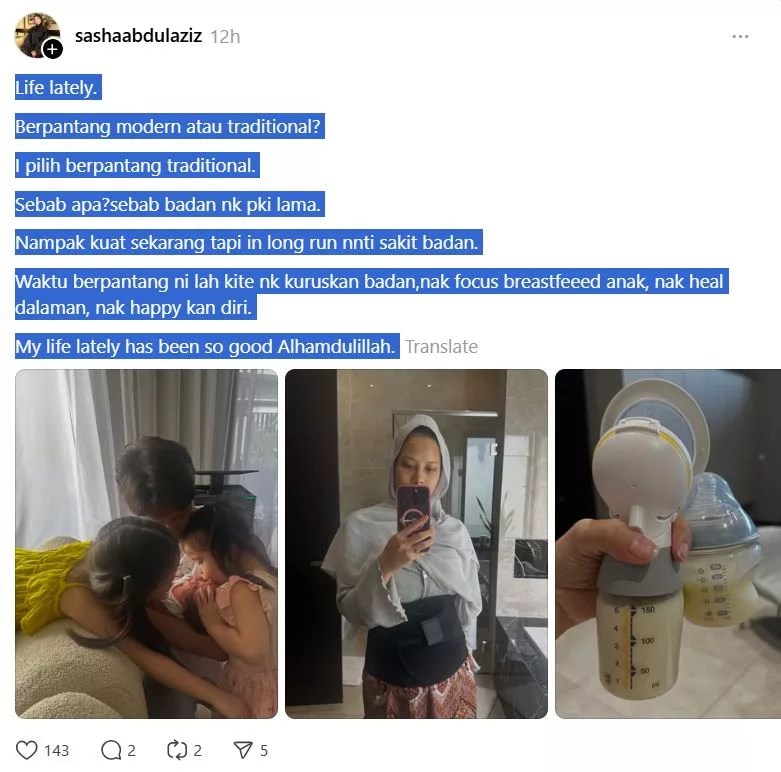 “Nampak Kuat Sekarang Tapi..” Shasha Abdul Aziz Pilih Pantang ‘Cara Lama’ Lepas Bersalin Anak Ketiga