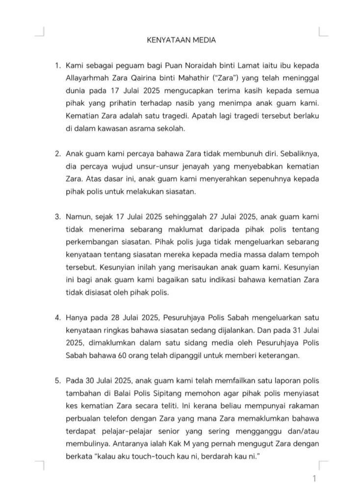 Ini 12 Kenyataan Rasmi Peguam Keluarga Zara Qairina, No.7 Paling Meruntun Jiwa