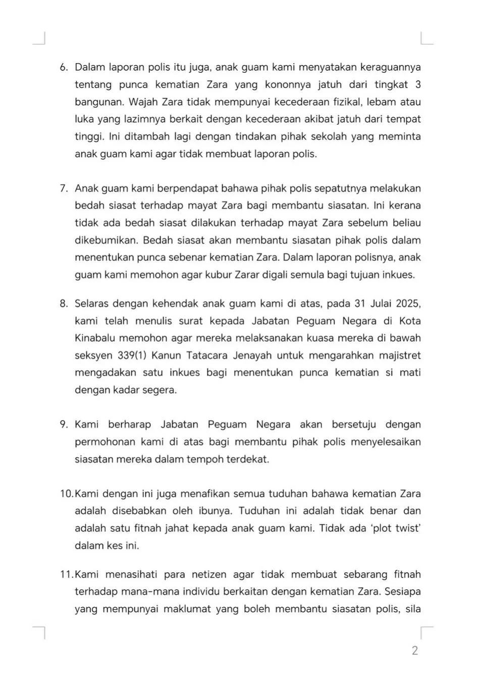Ini 12 Kenyataan Rasmi Peguam Keluarga Zara Qairina, No.7 Paling Meruntun Jiwa