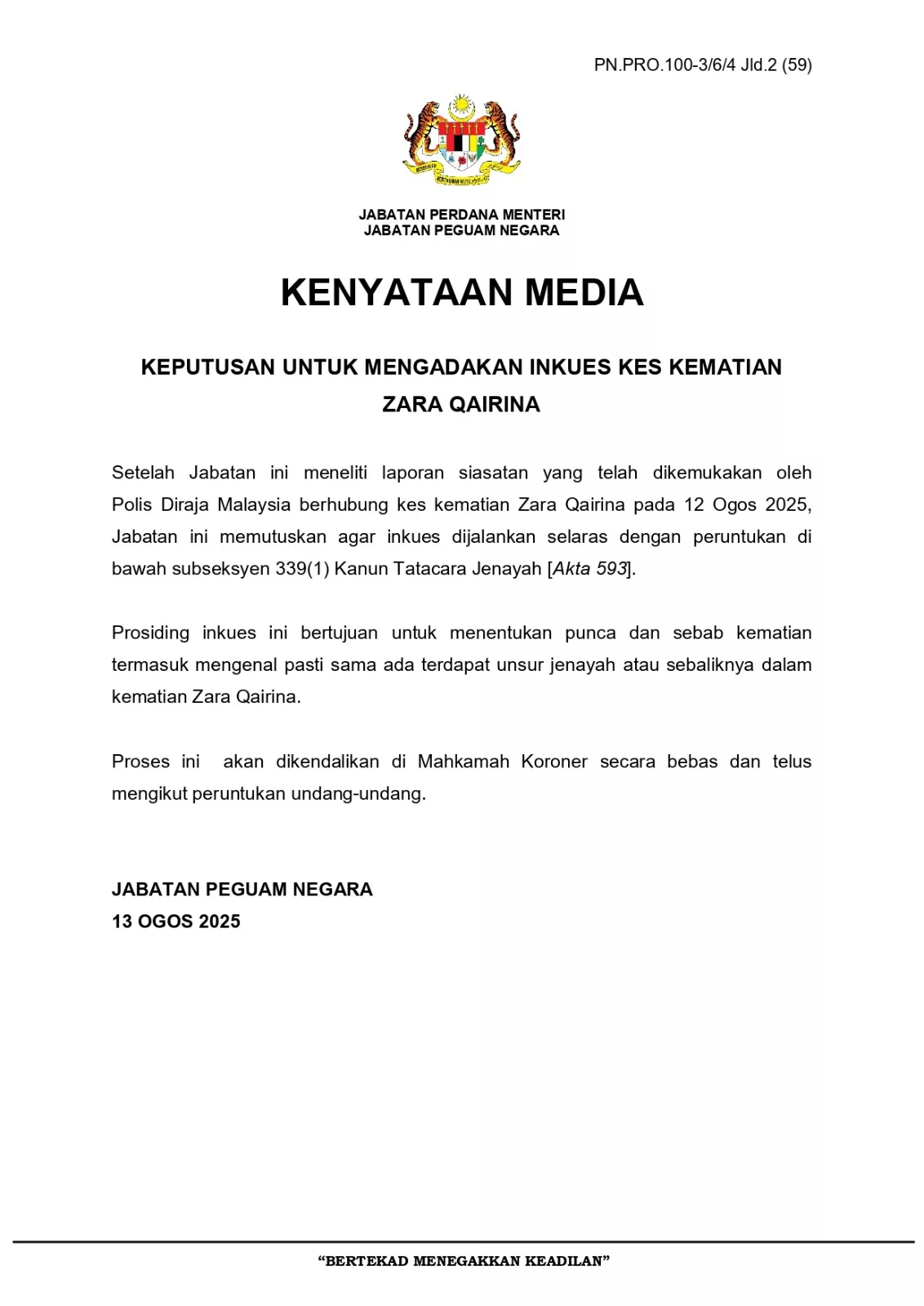 TERKINI : Jabatan Peguam Negara Arah Inkues Kematian Zara Qairina