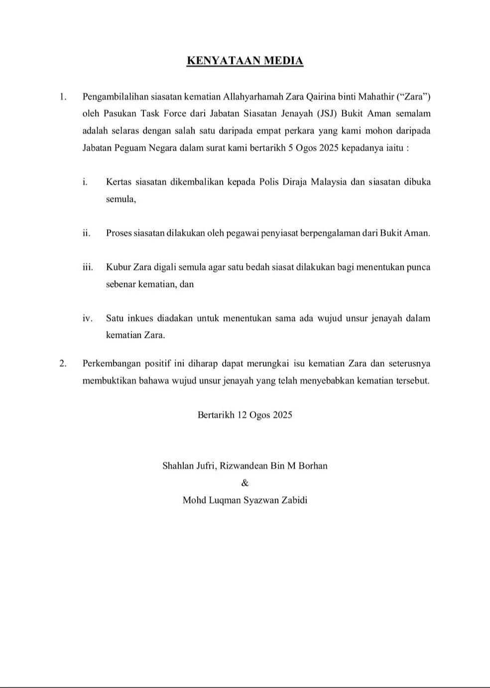 Syukur! Task Force JSJ Bukit Aman Satu Daripada 4 Tuntutan Keluarga Zara Qairina Kepada Peguam Negara 6 Syukur! Task Force JSJ Bukit Aman Satu Daripada 4 Tuntutan Keluarga Zara Qairina Kepada Peguam Negara