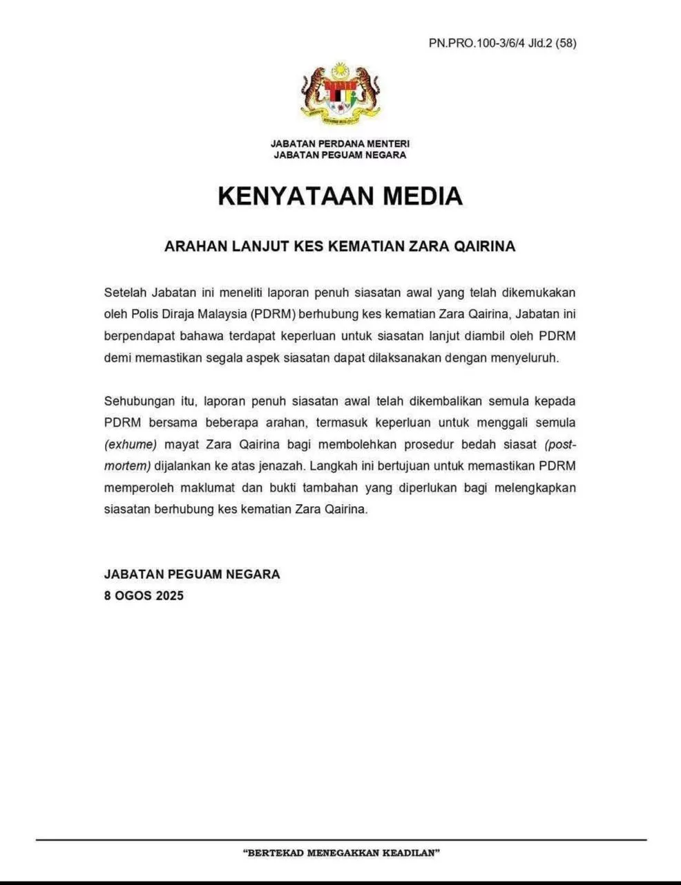 Tragedi Zara Qairina: Selepas Tiga Minggu, Ini Arahan Jabatan Peguam Negara