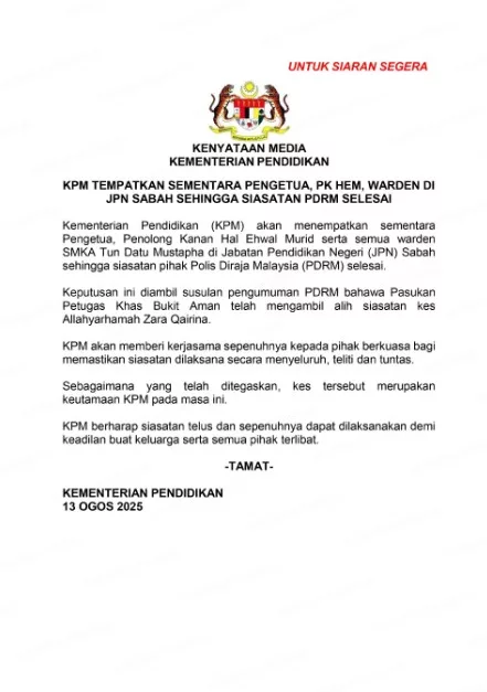 Terkini Kes Zara! Pengetua, Penolong Kanan HEM & Warden Asrama Ditempatkan Sementara Di JPN Sabah!