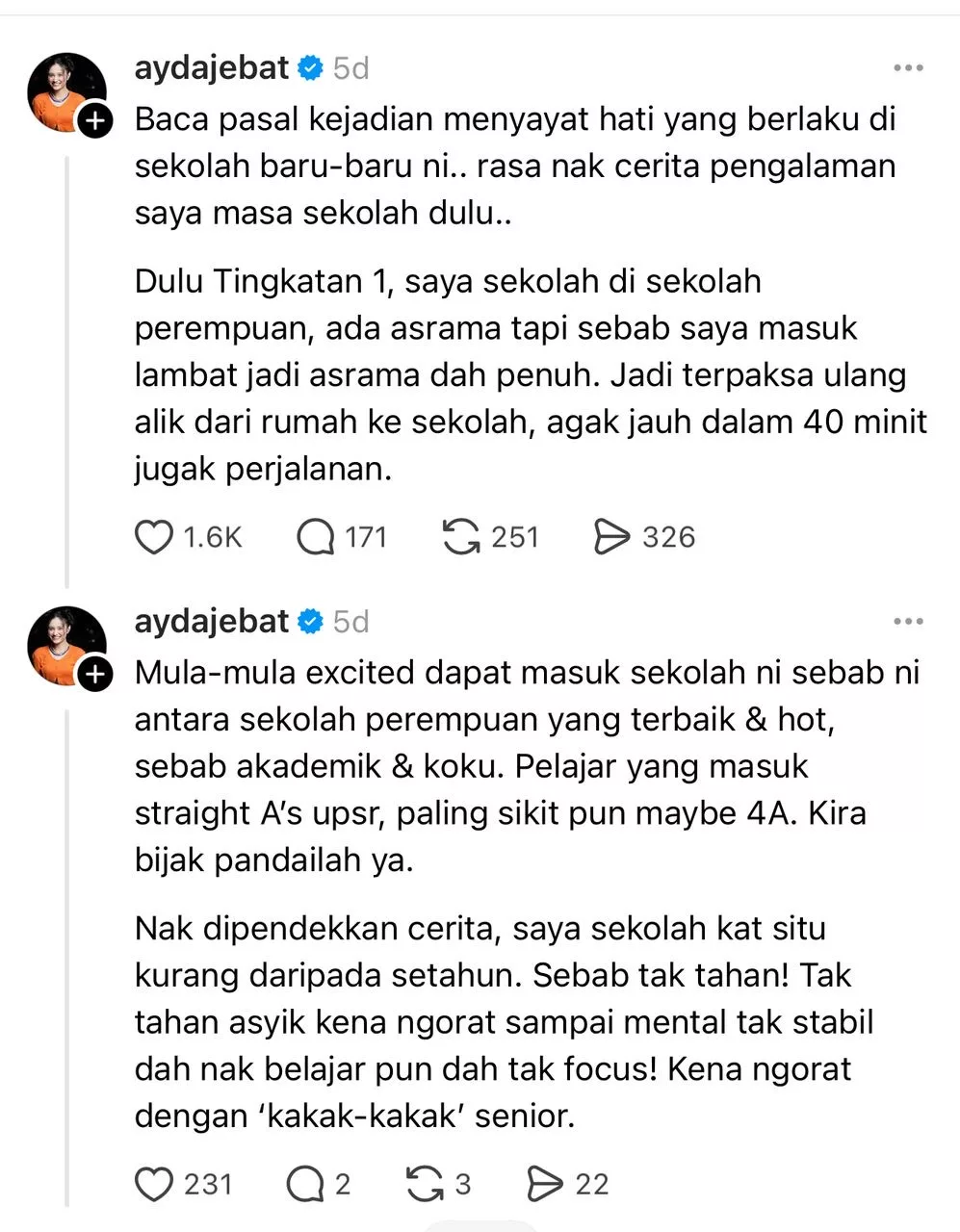Pernah Sekolah Menengah Perempuan, Ayda Jebat Dedah Trauma Jadi Mangsa Gangguan Senior 'Tagih Cinta' 17 Pernah Sekolah Menengah Perempuan, Ayda Jebat Dedah Trauma Jadi Mangsa Gangguan Senior ‘Tagih Cinta’