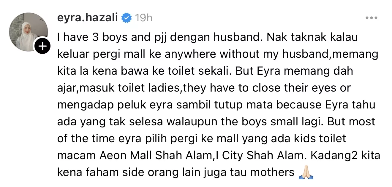 Terpaksa Bawa Anak Lelaki Ke Tandas Wanita, Eyra Hazali Kongsi Cara Tangani Situasi