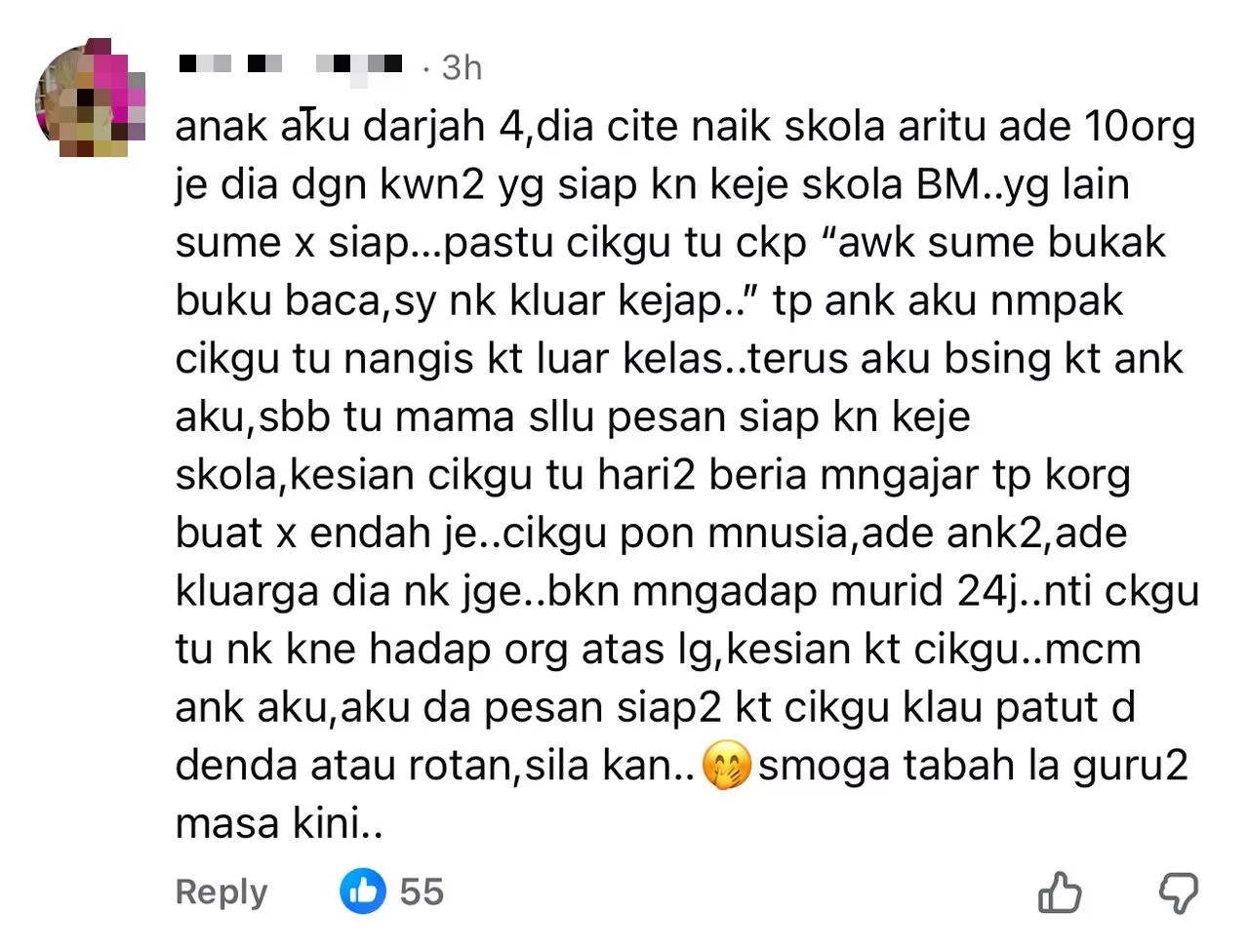 Cikgu Pun Ada Hati, Kisah Menyayat Hati Guru Menangis Kerana Murid Tak Siap Kerja Sekolah