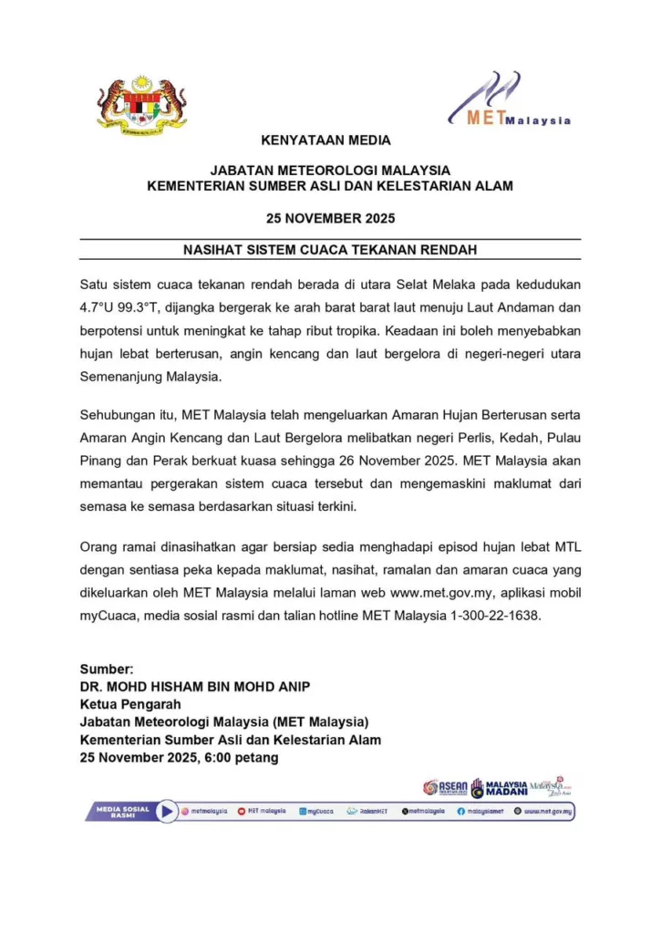 Terkini: Cuaca Tekanan Rendah: Penduduk Negeri Utara Diminta Waspada – MET Malaysia