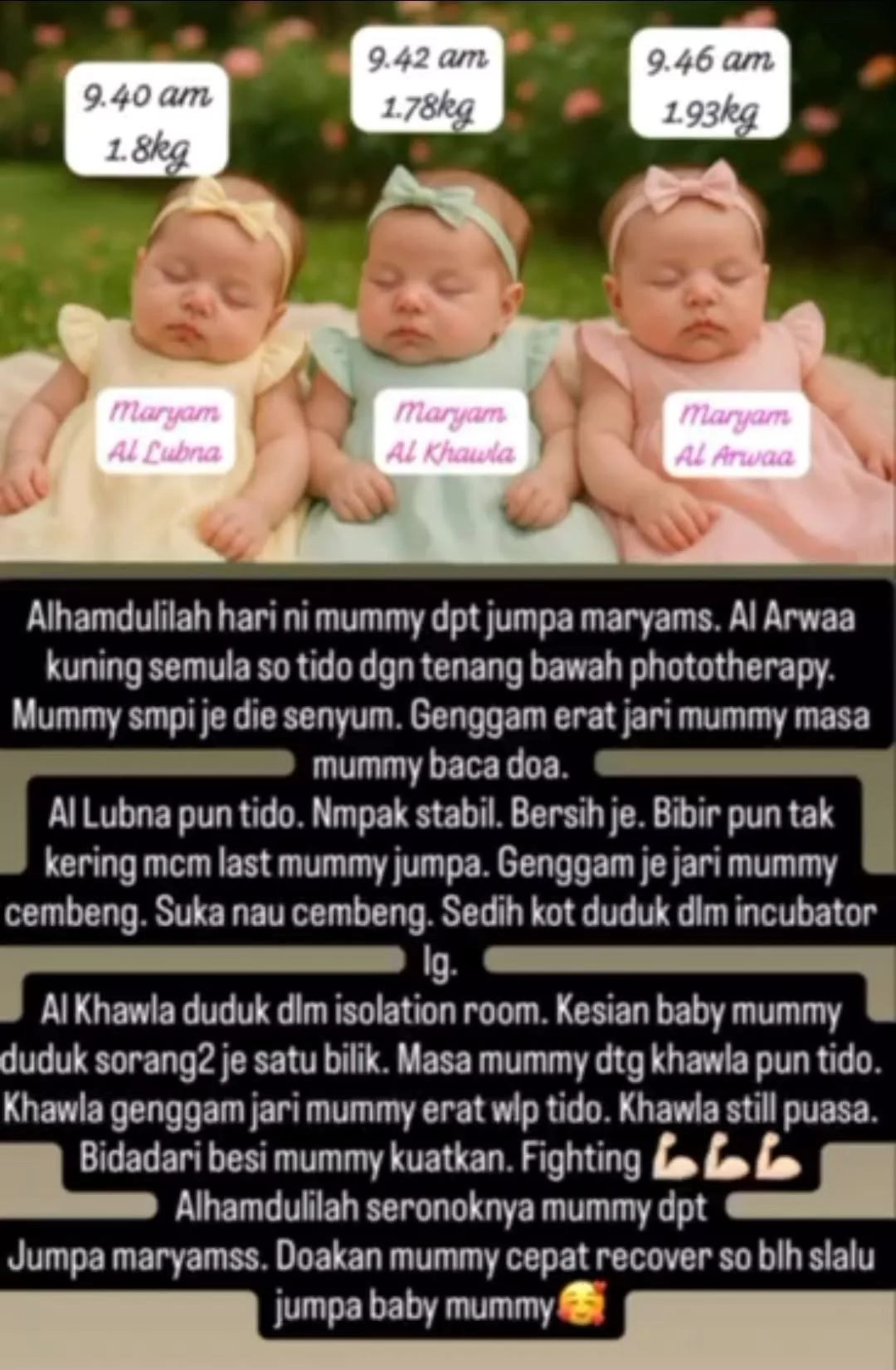 Terkini: Kembar Tiga Makin Stabil, Maryams Semakin Kuat & Penuh Semangat!