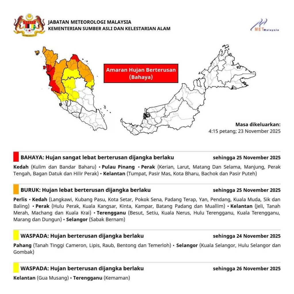 Amaran Hujan Berterusan Tahap Bahaya Di Empat Negeri, Jaga Keselamatan Keluarga – Jabatan Meteorologi Malaysia (MetMalaysia)