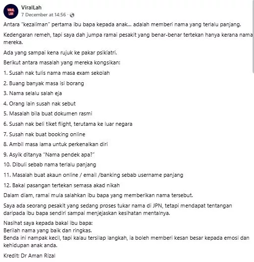 Nama Anak Terlalu Panjang: Doktor Bongkar Kesan Menyedihkan Yang Ramai Ibu Bapa Tak Sedar 9 Nama Anak Terlalu Panjang: Doktor Bongkar Kesan Menyedihkan Yang Ramai Ibu Bapa Tak Sedar