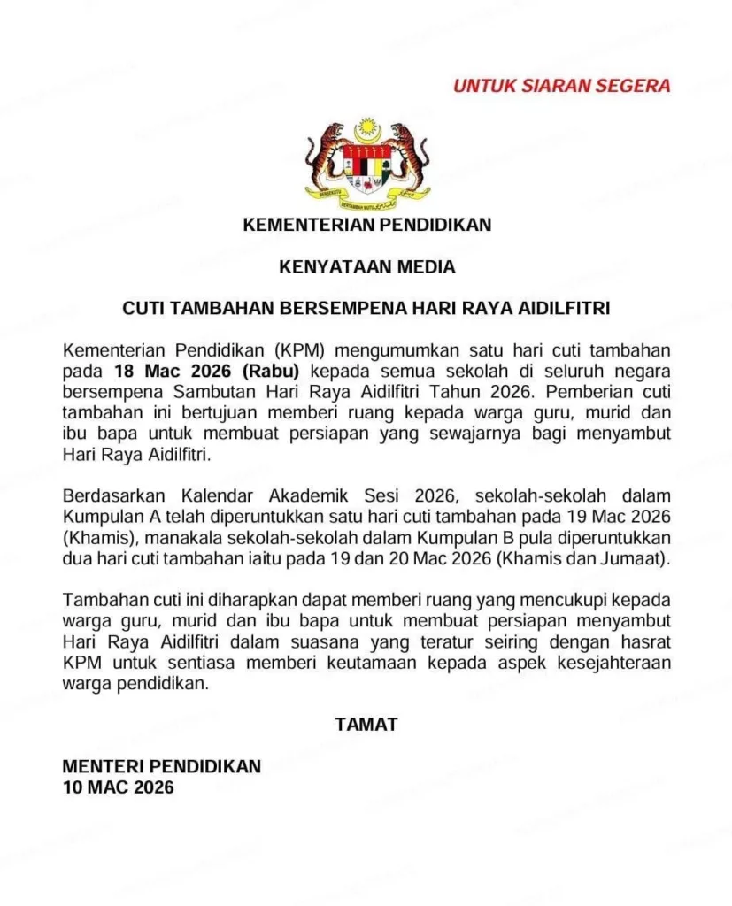 Sekolah Dapat Cuti Tambahan Lagi Sempena Hari Raya Aidilfitri 2026