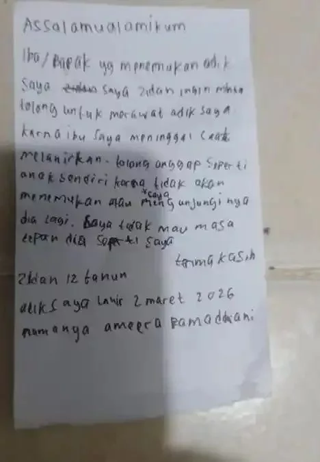 Ibu Meninggal Lepas Bersalin, Kakak Tinggalkan Adik Usia Dua Hari Bersama Nota Supaya Jaga Dengan Baik