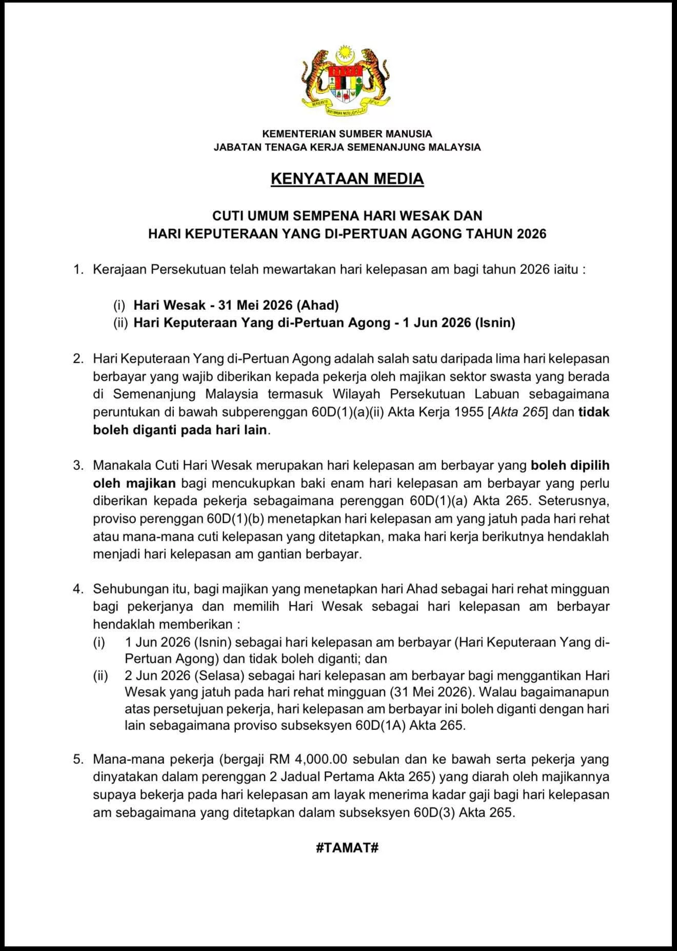 Cuti Umum Jadi Berganda, Ramai Keliru! Ini Penjelasan Kementerian Sumber Manusia