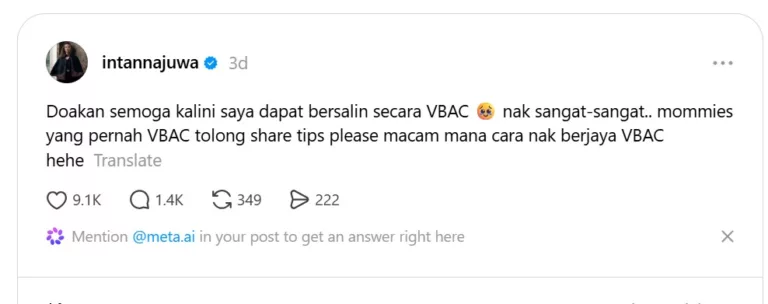 Intan Najuwa Simpan Hasrat Bersalin VBAC, Minta Tip Dari Follower!