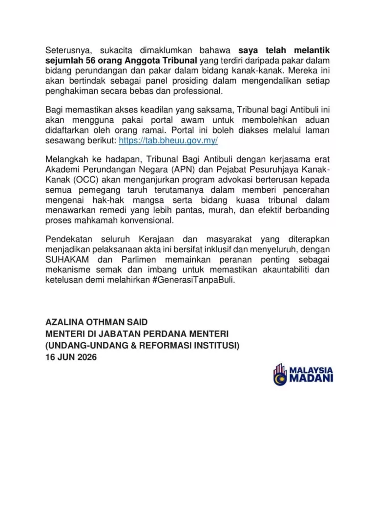 Akta Antibuli 2026, Anak Membuli Mak Ayah Boleh Dikenakan Hukuman & Bayar Pampasan RM250,000! 11 Akta Antibuli 2026, Anak Membuli Mak Ayah Boleh Dikenakan Hukuman & Bayar Pampasan RM250,000!