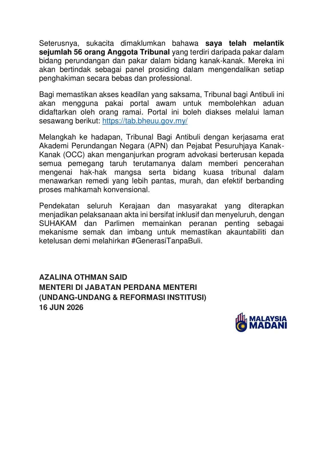 Akta Antibuli 2026, Anak Membuli Mak Ayah Boleh Dikenakan