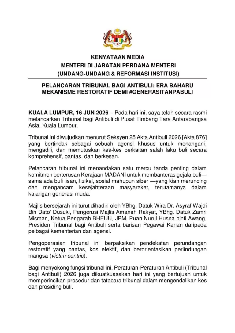 Akta Antibuli 2026, Anak Membuli Mak Ayah Boleh Dikenakan Hukuman & Bayar Pampasan RM250,000!