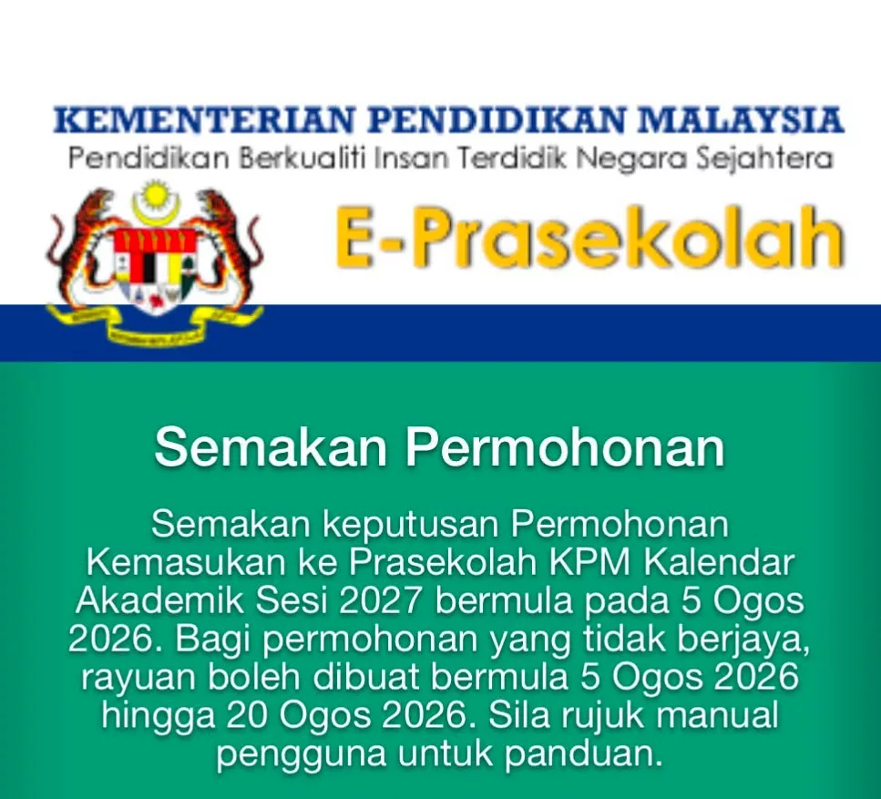 Prasekolah KPM 2027: Semakan Keputusan Dibuka 5 Ogos, Ini Cara Semak & Buat Rayuan! 5 Prasekolah KPM 2027: Semakan Keputusan Dibuka 5 Ogos, Ini Cara Semak & Buat Rayuan!