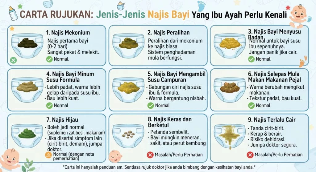 Jenis-Jenis Najis Bayi: Panduan Lengkap Ibu Ayah Kenali Warna & Tanda Bahaya 7 Jenis-Jenis Najis Bayi: Panduan Lengkap Ibu Ayah Kenali Warna & Tanda Bahaya