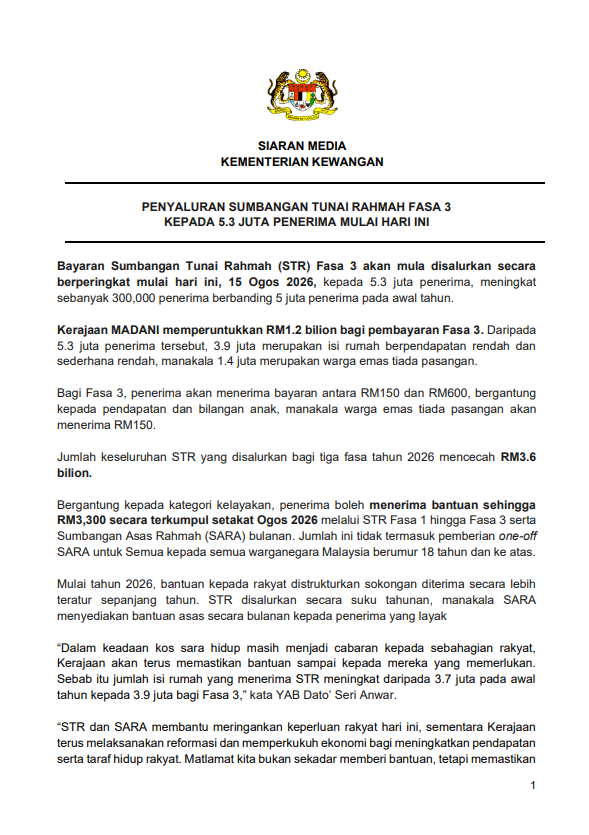 Ibu Ayah Jangan Terlepas Info Ini! STR 2026 Pembayaran Fasa 3 Bermula Ogos, Ini Jumlah Bayaran Bagi Setiap Kategori 3 Ibu Ayah Jangan Terlepas Info Ini! STR 2026 Pembayaran Fasa 3 Bermula Ogos, Ini Jumlah Bayaran Bagi Setiap Kategori