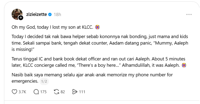Anak Hilang Seketika Di KLCC, Zizie Izette Cemas
