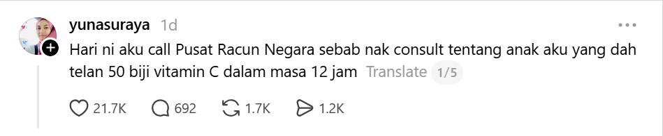 “Anak Saya Telan 50 Biji Vitamin C…” Ibu Kongsi Pengalaman Hubungi Pusat Racun Negara 3 “Anak Saya Telan 50 Biji Vitamin C…” Ibu Kongsi Pengalaman Hubungi Pusat Racun Negara