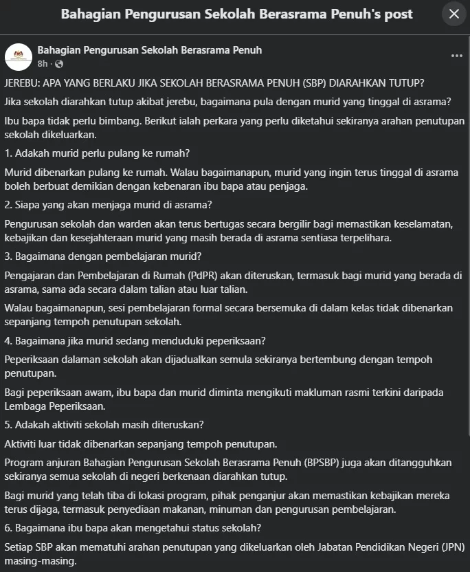 Sekolah Tutup Akibat Jerebu, Macam Mana Nasib Murid Asrama? Ini Penjelasan KPM! 4 Sekolah Tutup Akibat Jerebu, Macam Mana Nasib Murid Asrama? Ini Penjelasan KPM!