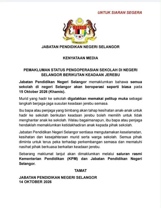 Sekolah Di Selangor Beroperasi Seperti Biasa 15 Oktober, Murid Digalakkan Pakai Pelitup Muka!