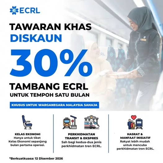 Diskaun 30% Tiket Kelas Ekonomi ECRL Selama Sebulan, Satu Keluarga Boleh Bercuti! 3 Diskaun 30% Tiket Kelas Ekonomi ECRL Selama Sebulan, Satu Keluarga Boleh Bercuti!