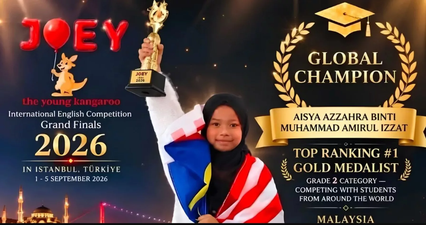 Baru Usia 8 Tahun, Aisya Azzahra Bergelar Juara Dunia Pertandingan Bahasa Inggeris Di Istanbul! 4 Aisya Azzahra Bergelar Juara Dunia Pertandingan Bahasa Inggeris Di Istanbul!